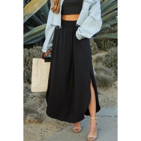 SOLD OUT Black Smocked Waist Side Slit Pocket Maxi Skirt - Picture 2 of 7